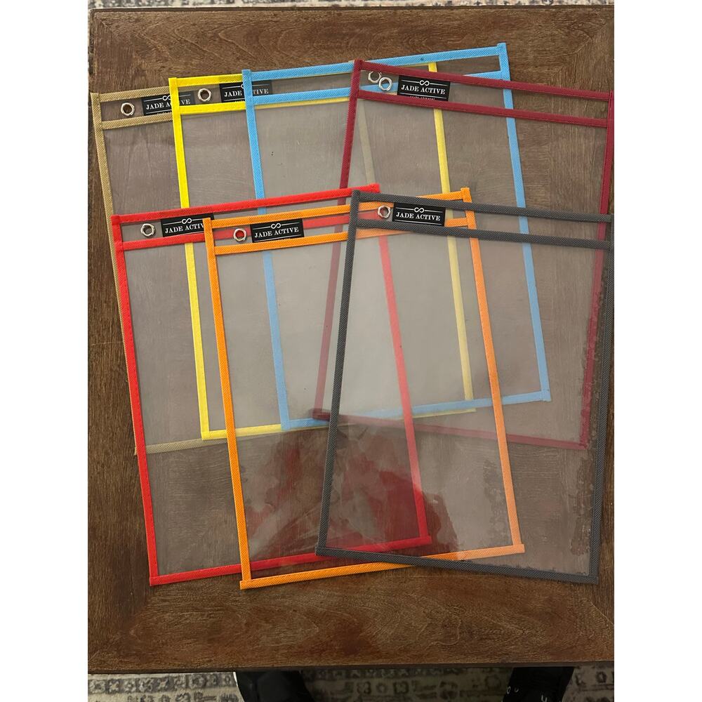 Set of 7 Dry Erase Pockets – Mixed Colors – Used – Reusable Classroom Sleeves